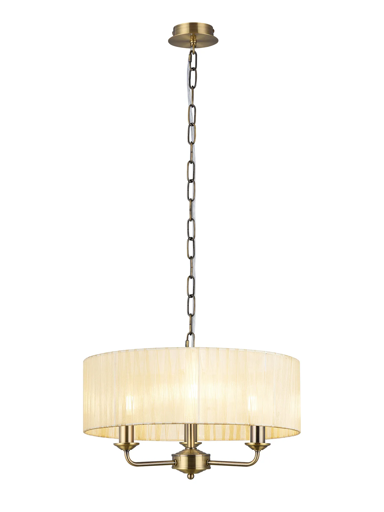 Banyan 3 Light Multi Arm Pendant With 45cm x 15cm Organza Shade Antique Brass/Cream DK0865  Deco Banyan AB CR